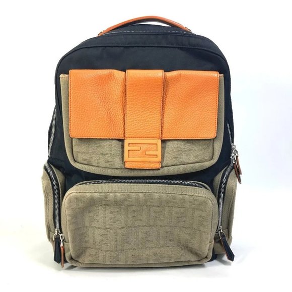 Auth FENDI 7VZ048 Backpack Zucca multi Bag Backpack Black/orange x khaki